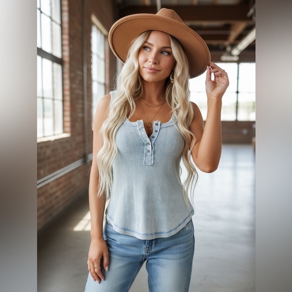 Very J Tops - NWT Textured Knit Washed Contrast Denim Trim Patch Back Henley Tank Top Blue